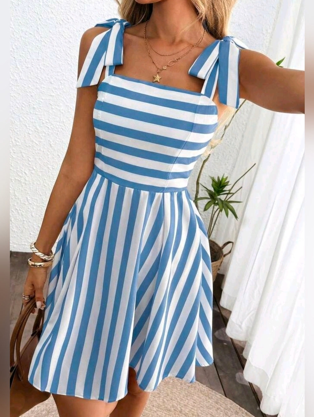 New Flirty Striped Tie Shoulder Short Cami Dress White Blue - Picture 1 of 9